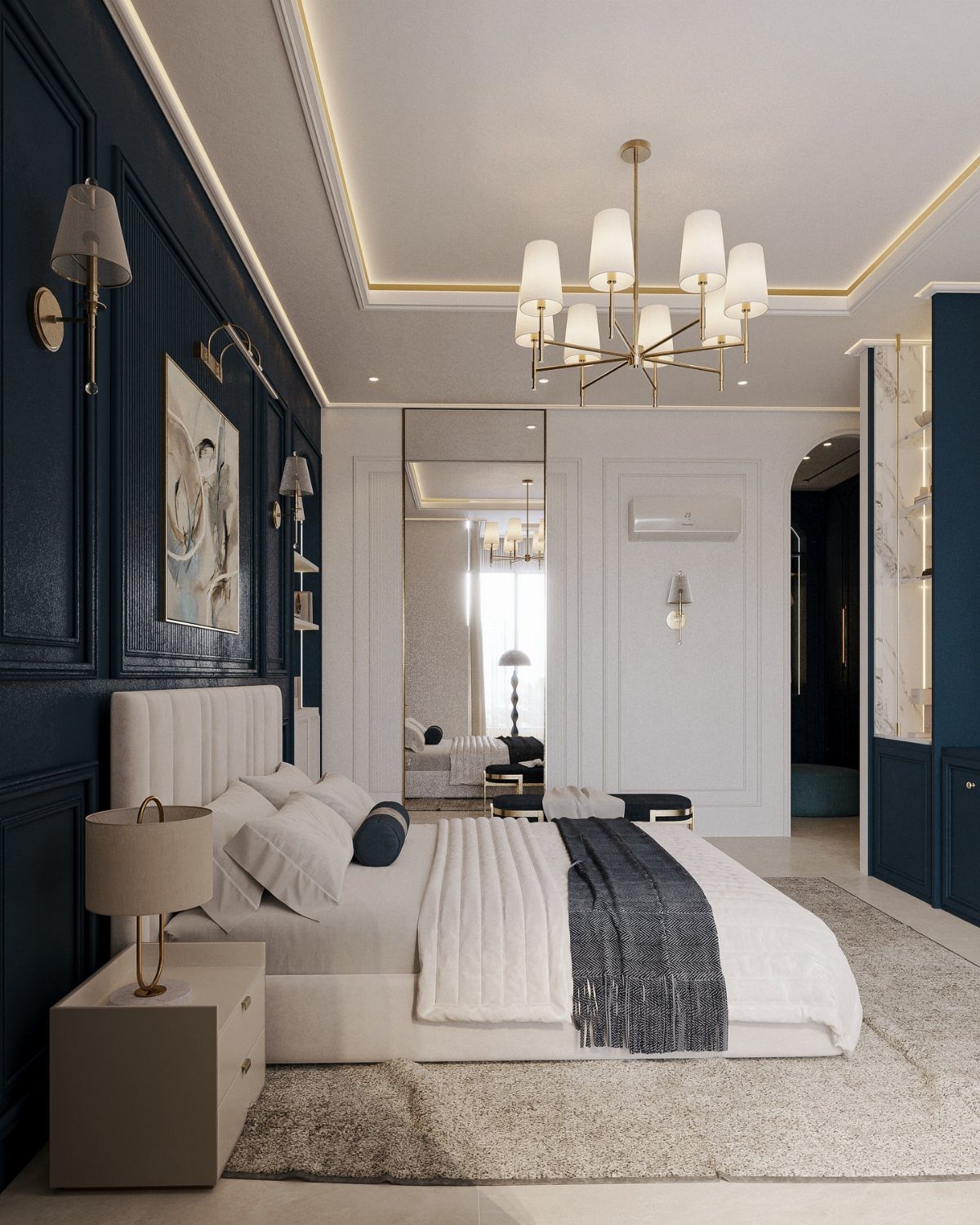 Navy blue paneled bedroom with white bedding, beige furniture, and a gold chandelier.