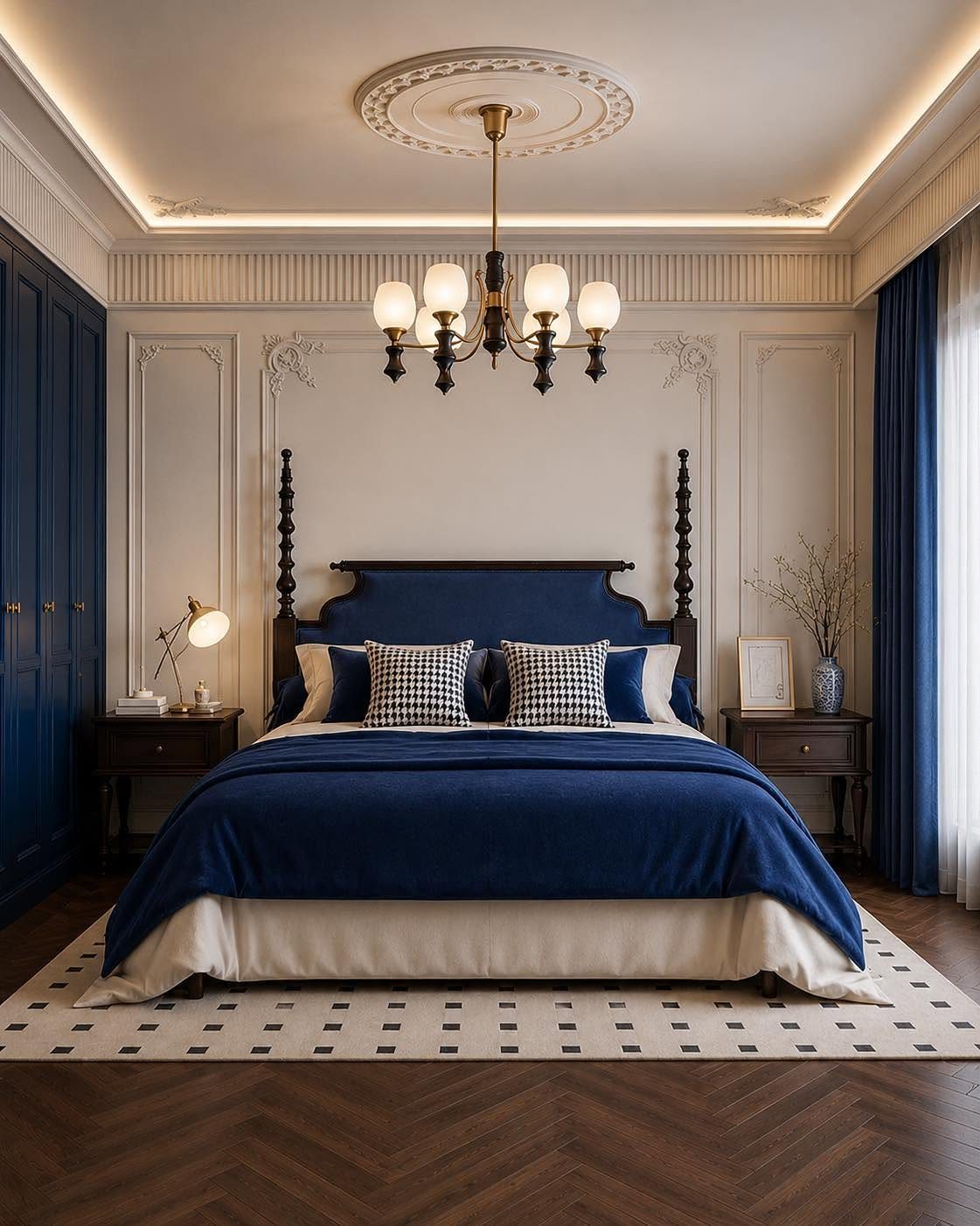 Royal-blue upholstered bed with black lacquer bedside tables in a classic paneled bedroom.