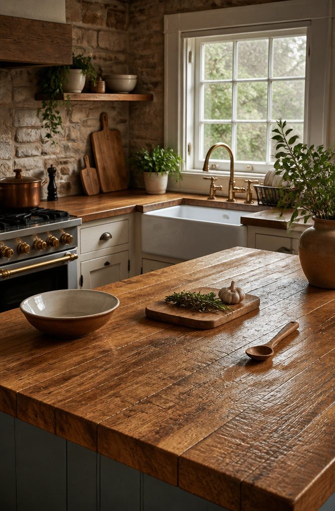 A butcher block countertop with visible knife marks in a kitchen.