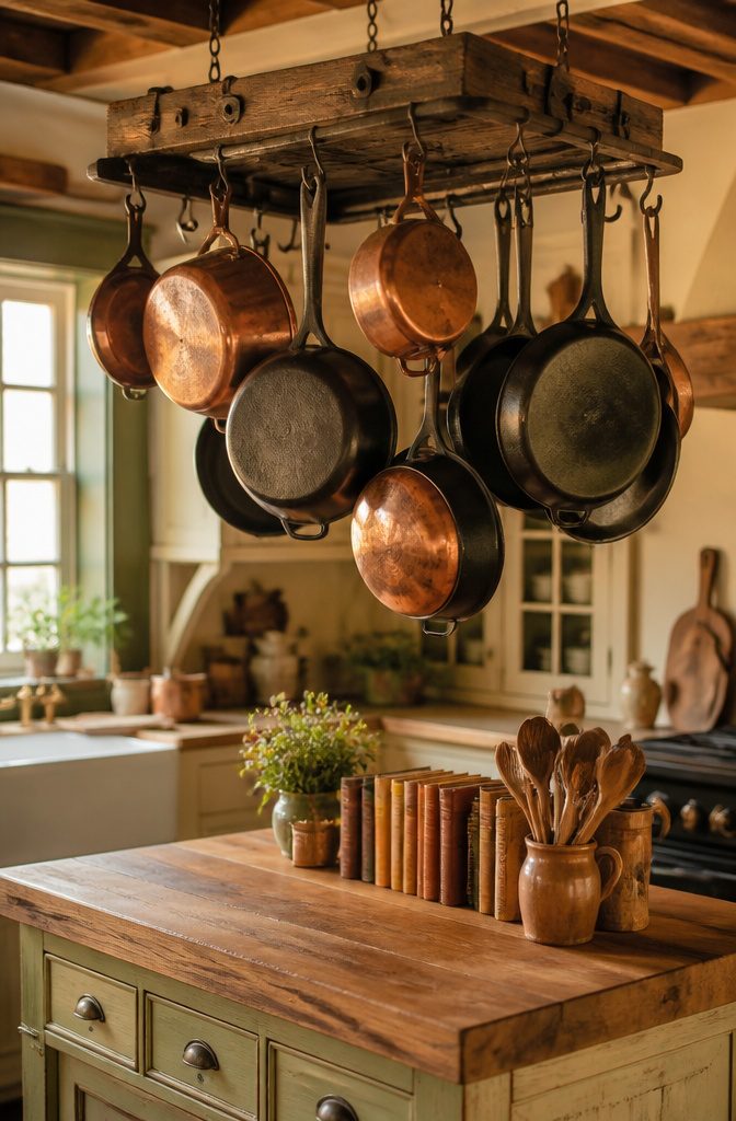Copper pots and cast iron skillets hanging on a kitchen wall.