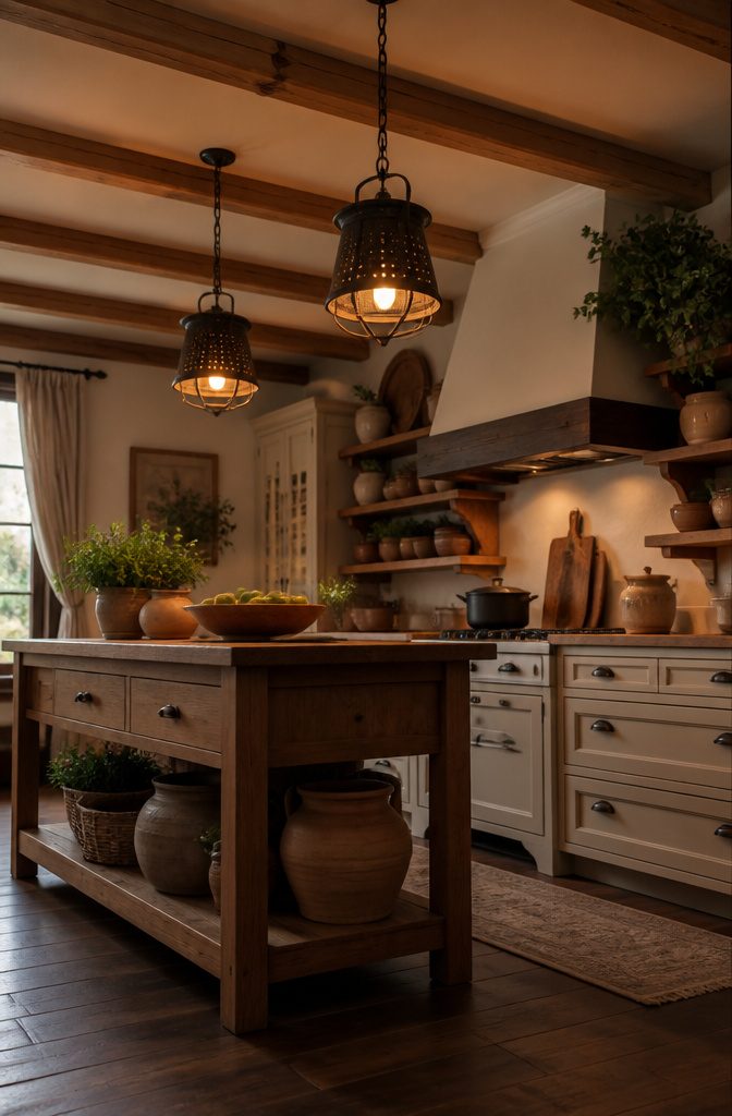 Lantern-style light fixtures above a kitchen island.