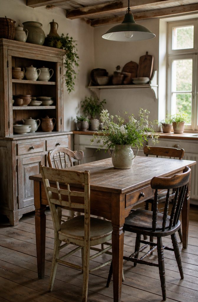 Distressed wood dining table and mismatched chairs in a kitchen.