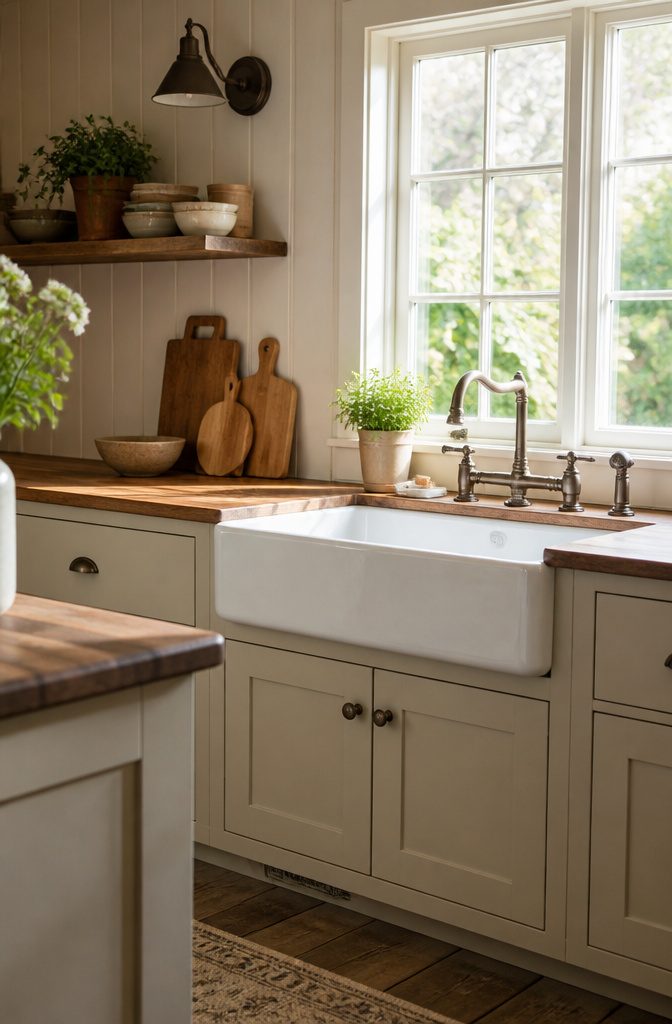 A white farmhouse sink surrounded by cutting boards and herbs.