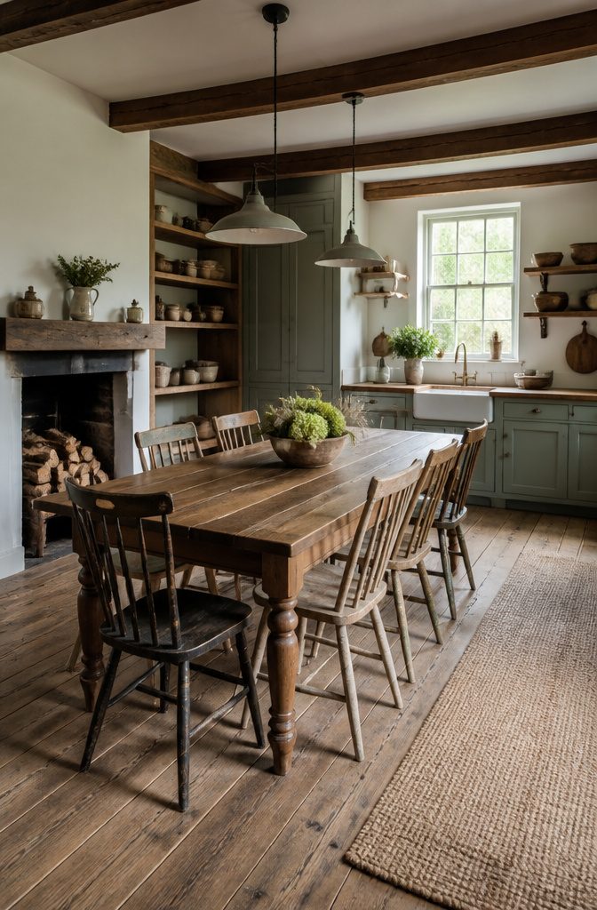 A large wooden farmhouse table in a country kitchen.