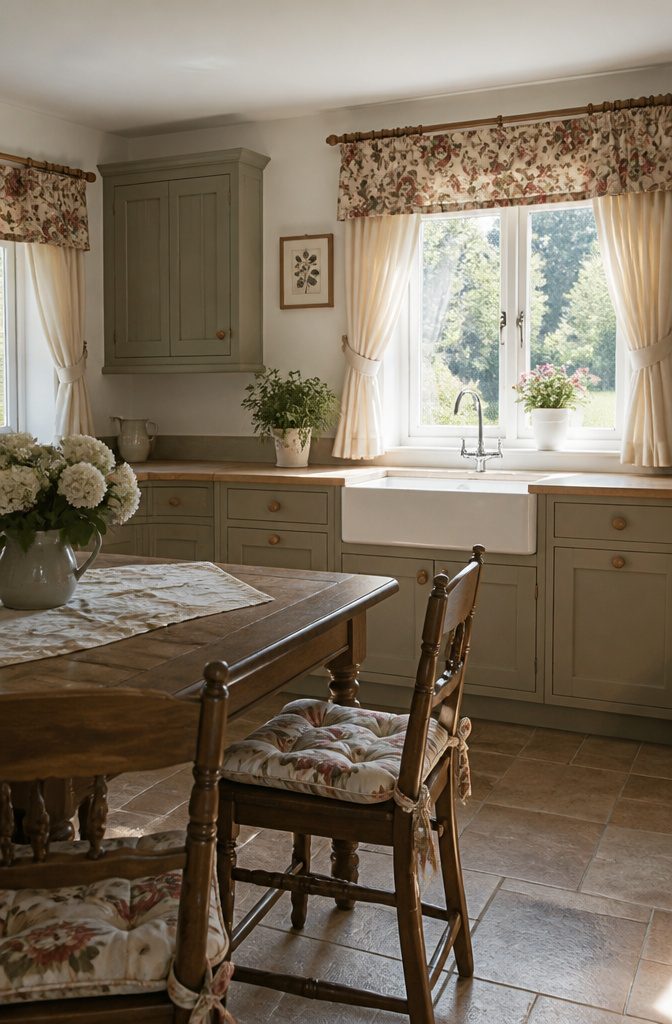 Floral-patterned curtains and cushions in a country kitchen.