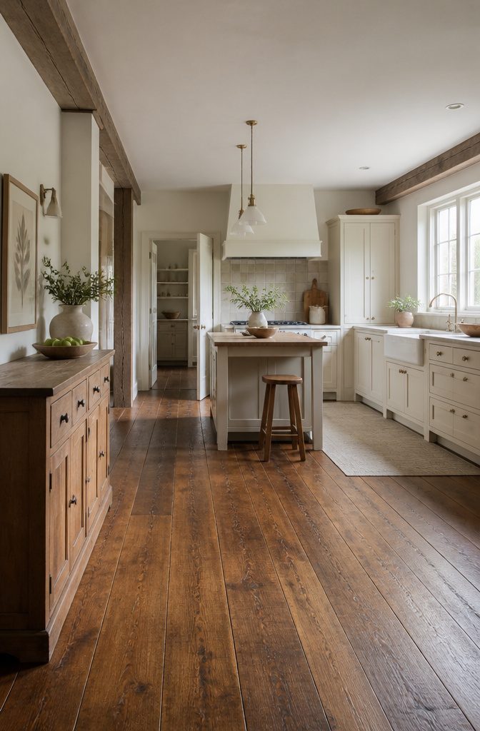 Wide plank hardwood flooring in a country-style kitchen.