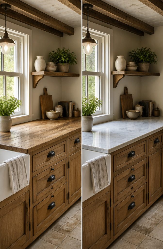 Marble countertops in a country-style kitchen.