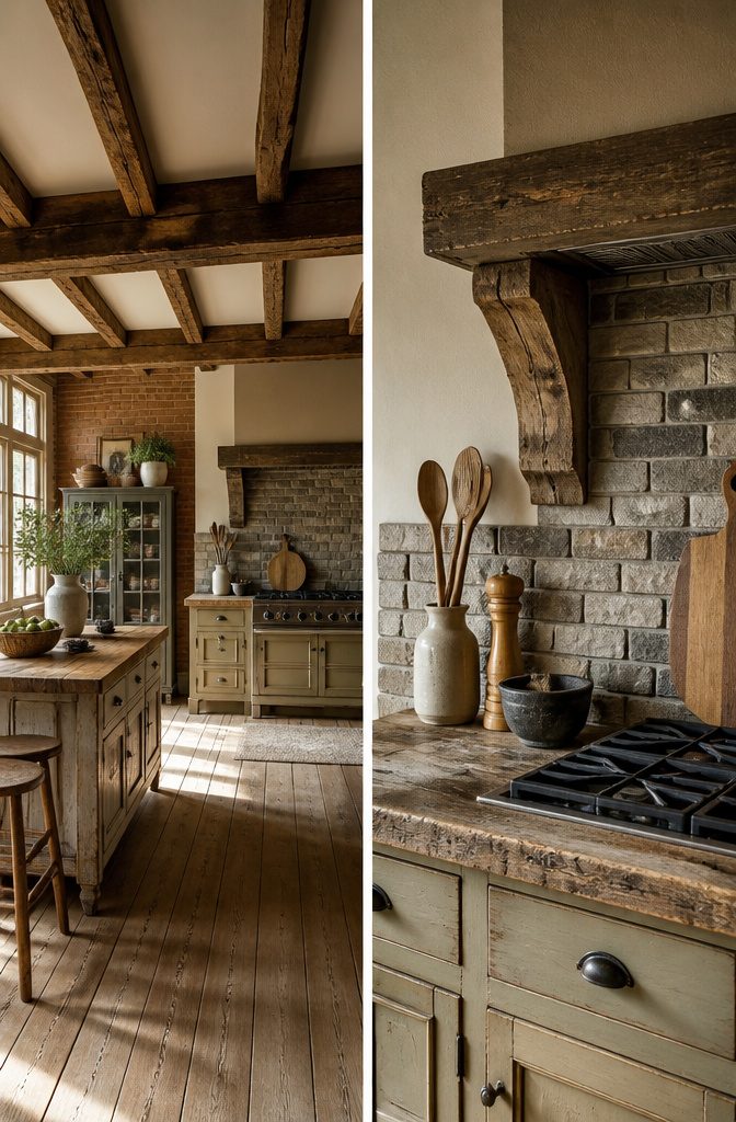 A country kitchen with wood beams and a stone backsplash.