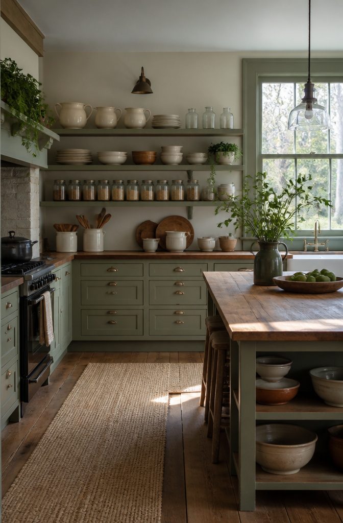 Open shelves filled with dishware and pantry staples in a kitchen.