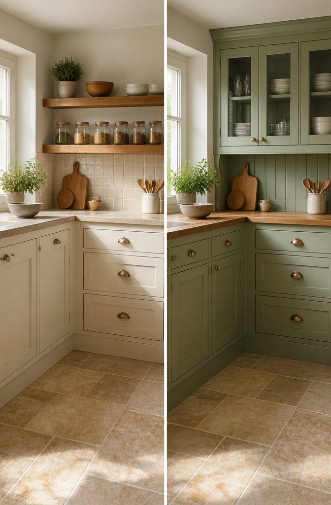 Painted kitchen cabinets in soft colors and a cozy atmosphere.