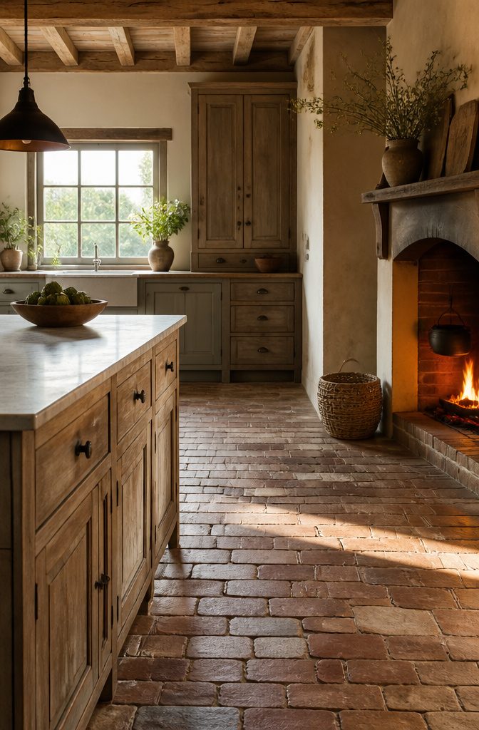 Brick paver flooring in a cozy country kitchen.