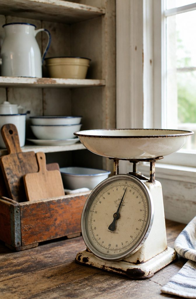 A vintage scale and enamelware bowls on a kitchen counter.