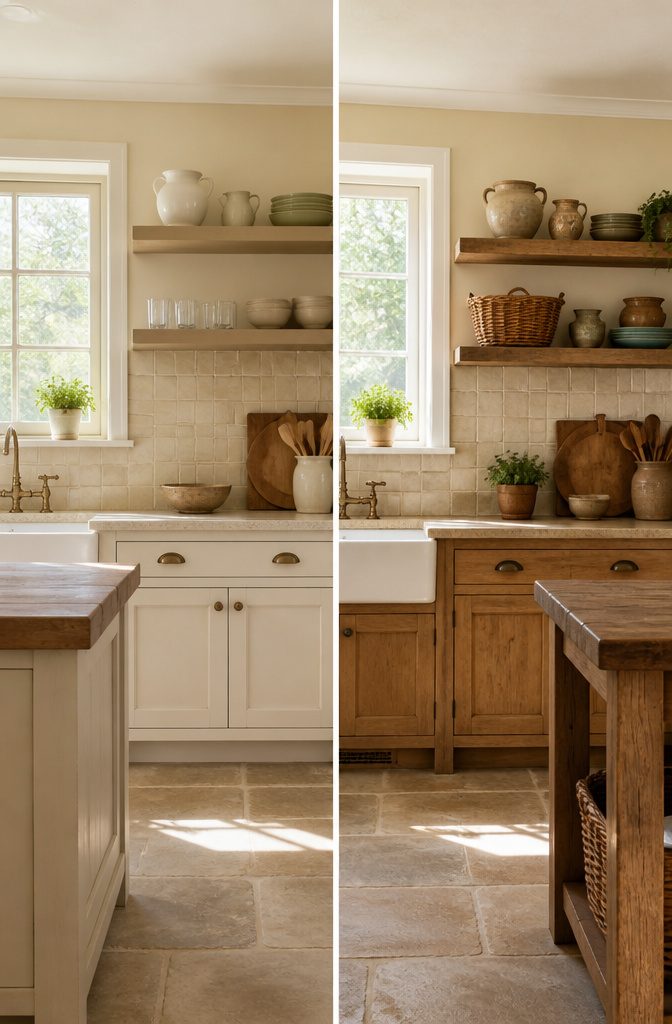 A country kitchen featuring soft whites and warm wood tones.