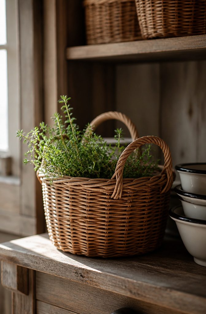 Wicker baskets on open shelves in a country kitchen.