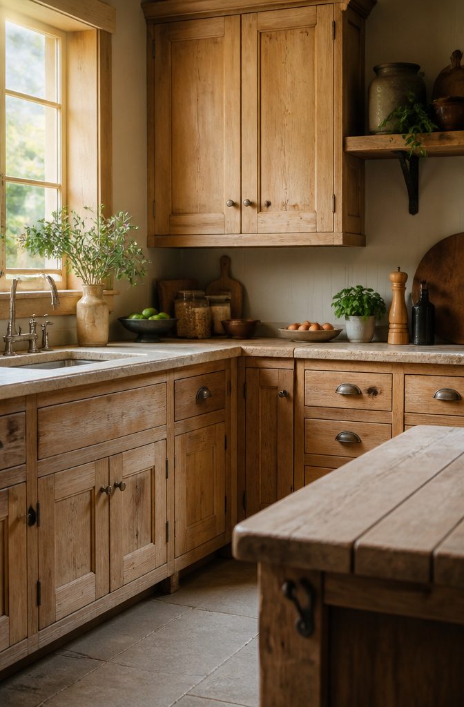 Unfinished wood cabinets with natural grain in a kitchen.