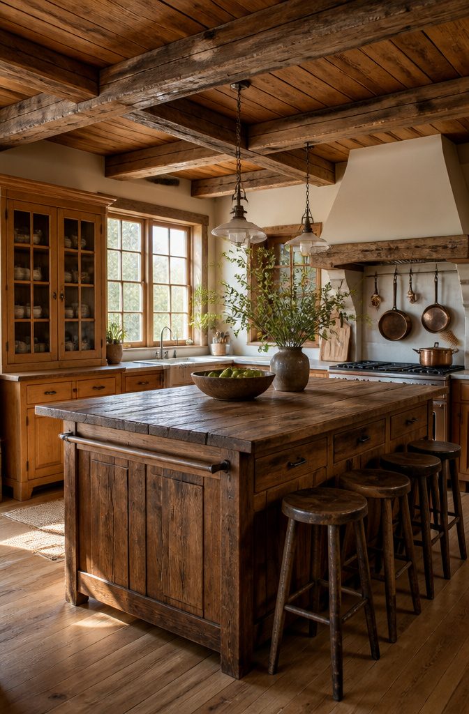 A country kitchen featuring exposed wooden beams and oak cabinetry.
