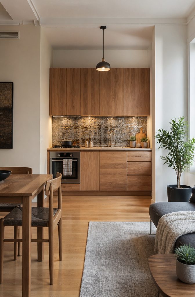 A kitchen with modular wood cabinets and a glass tile backsplash.