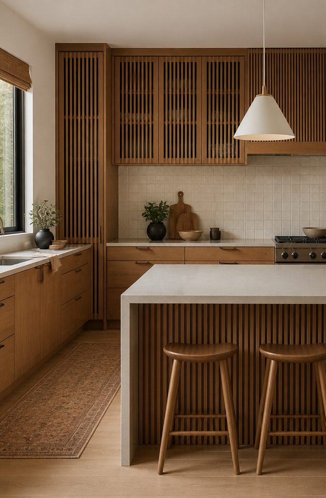 A modern kitchen with slatted wood cabinet doors.