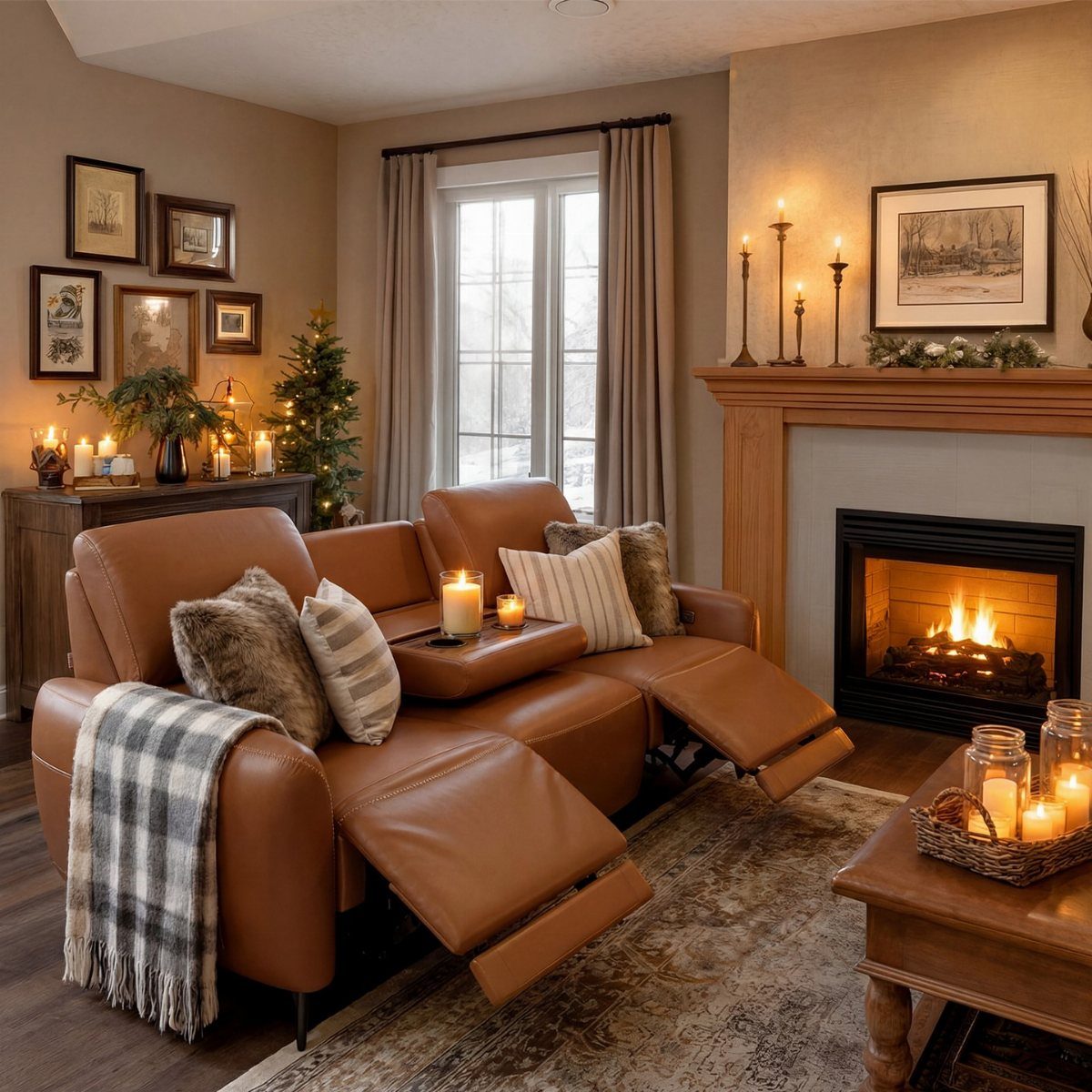 Leather Sofa Living Room Ideas: 8 Styles and Layouts 3 Brown leather reclining sofa with extended footrests in a cozy living room with fireplace