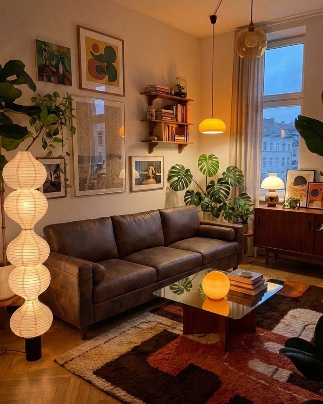 Leather Sofa Living Room Ideas: 8 Styles and Layouts 1 Brown leather sofa arranged in a cozy living room with eclectic decor and plants.