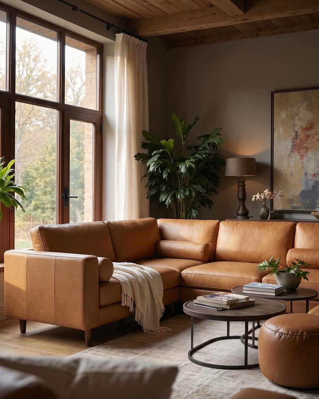 Leather Sofa Living Room Ideas: 8 Styles and Layouts 8 Brown leather sectional sofa with a white woven throw blanket in a bright living room