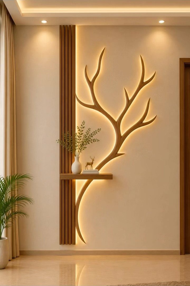 Backlit wooden branch sculpture and vertical slats on a beige living room wall