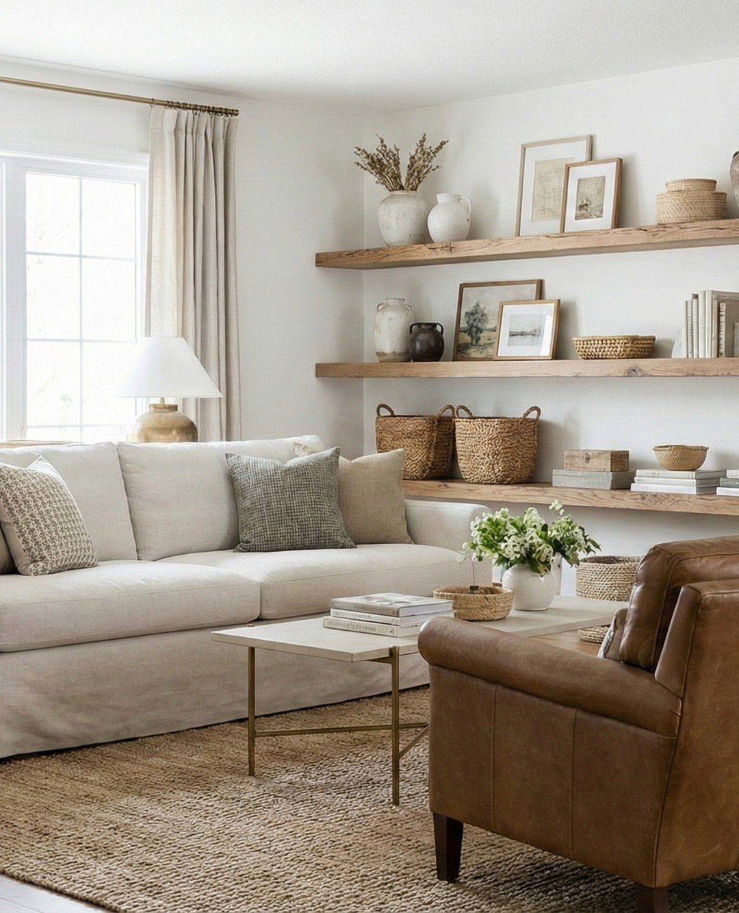 Wooden floating shelves with decor on a white wall in a neutral living room