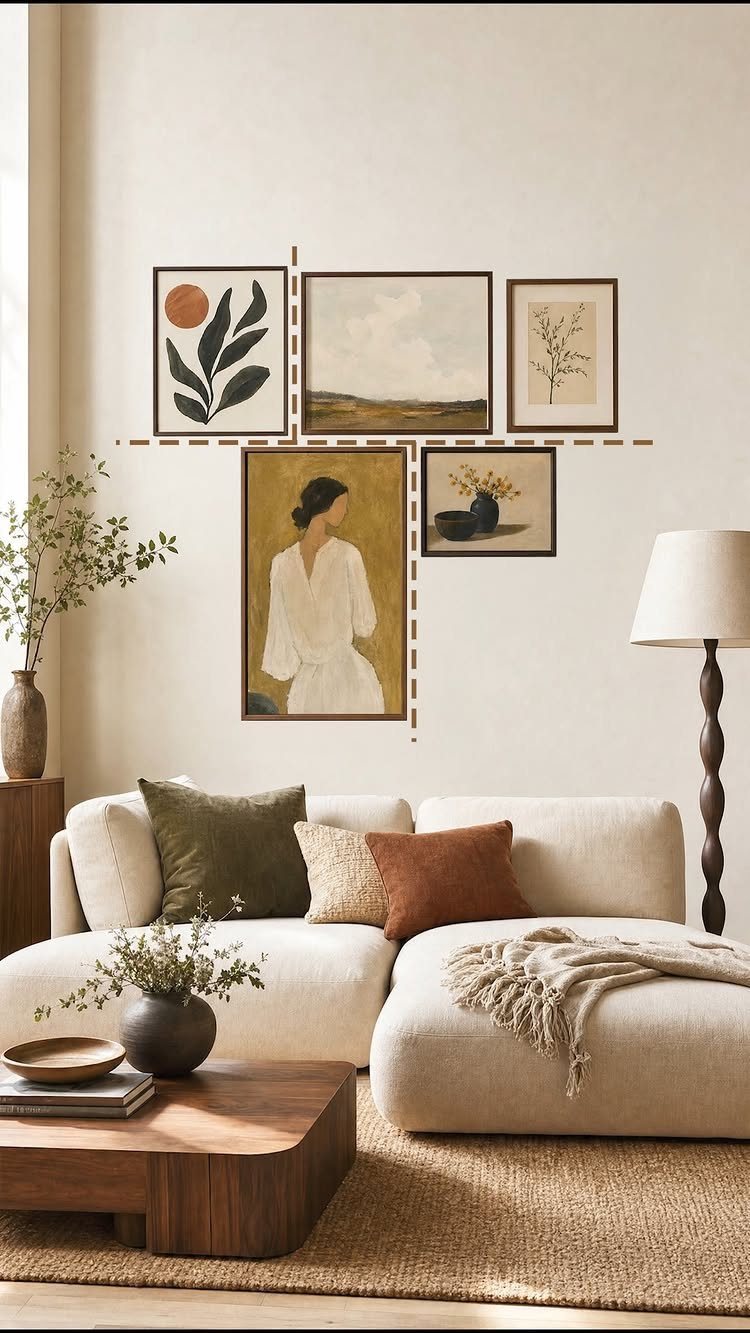 Gallery wall with framed art above a beige sofa in a modern living room
