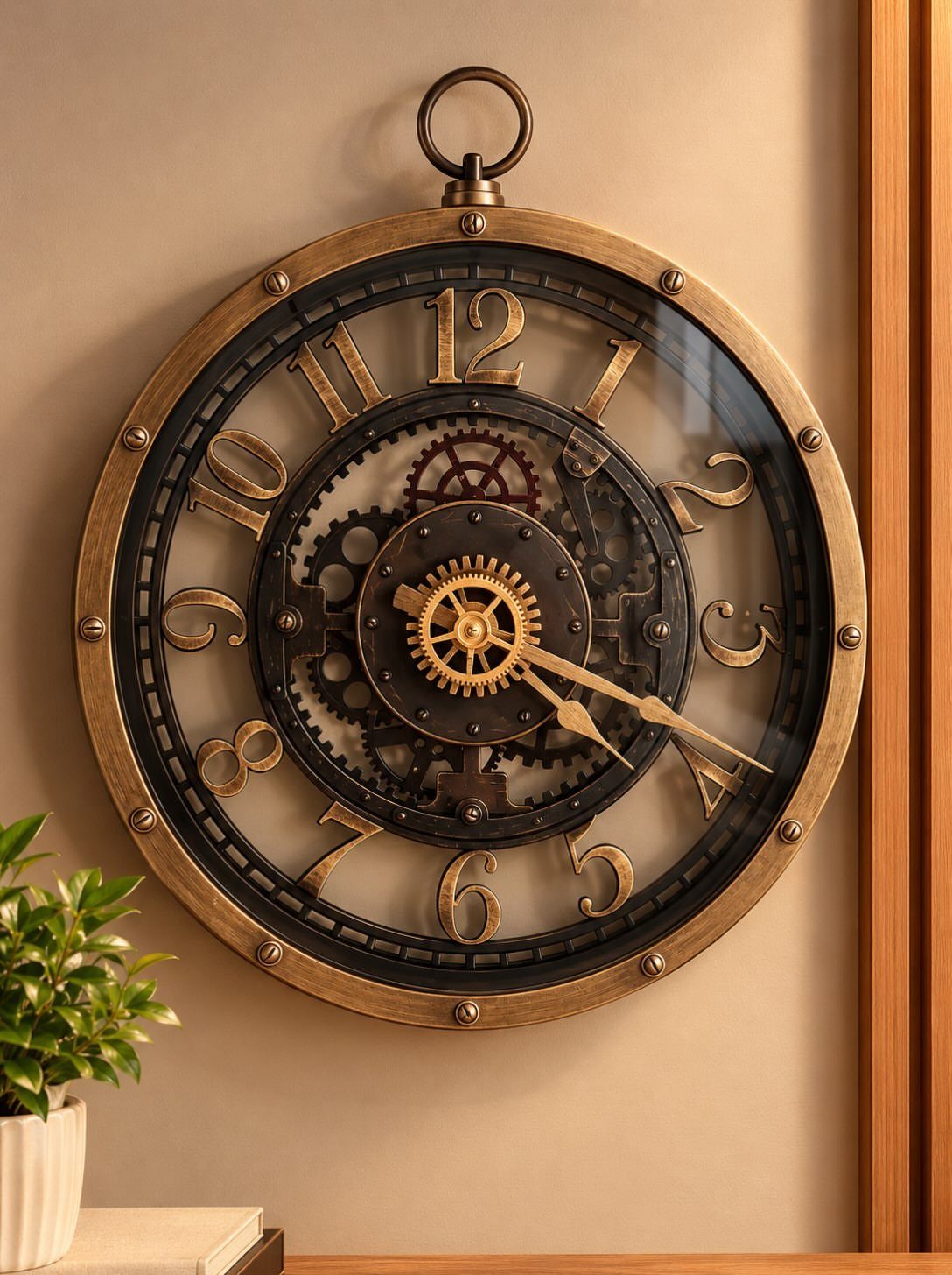 Large skeleton clock with exposed gears and gold frame on a beige wall.