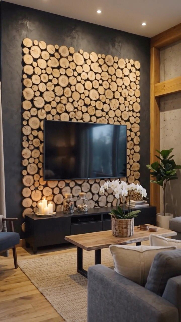 Living room wall decorated with natural wood log slices and a mounted television.