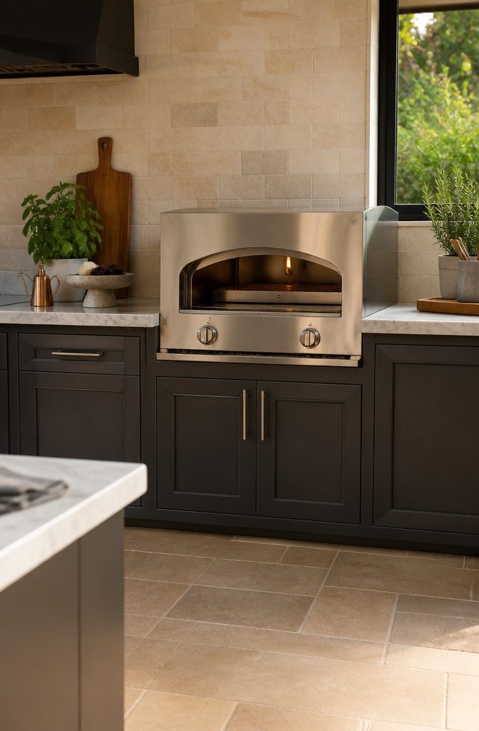 The Delta Heat 30-inch gas pizza oven installed in a modern outdoor kitchen.