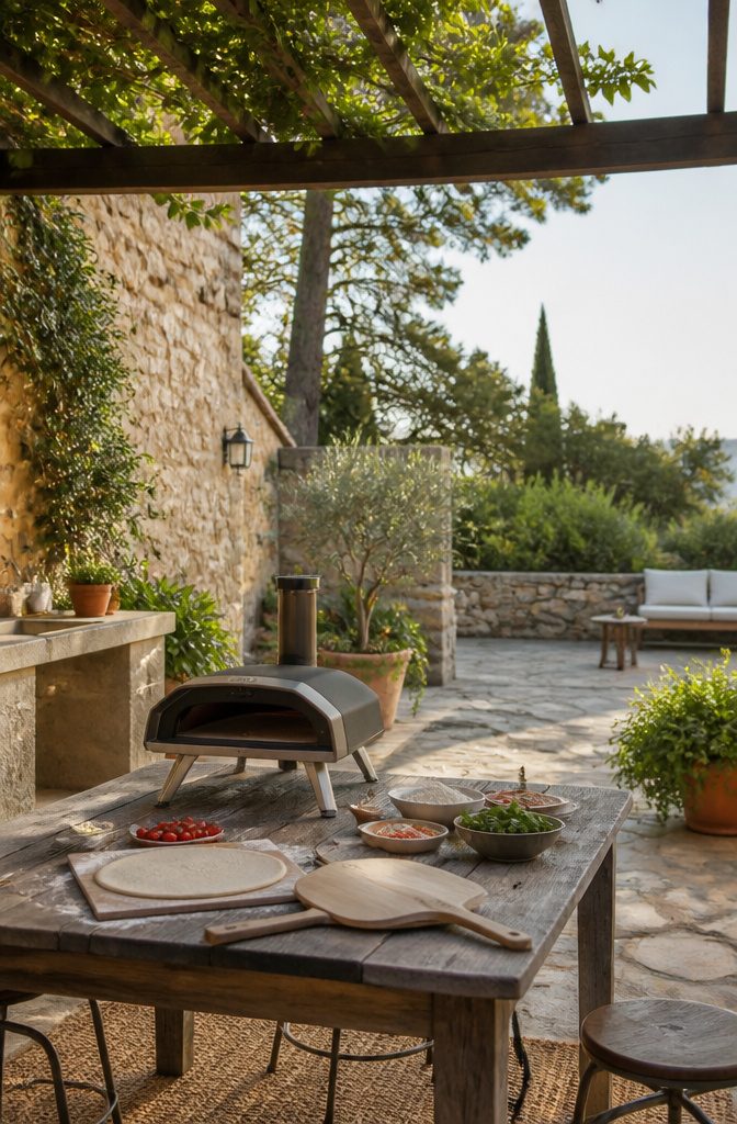 A portable pizza oven positioned on a table for outdoor use.