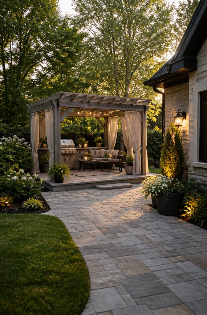 A small pergola with curtains and string lights in a backyard.