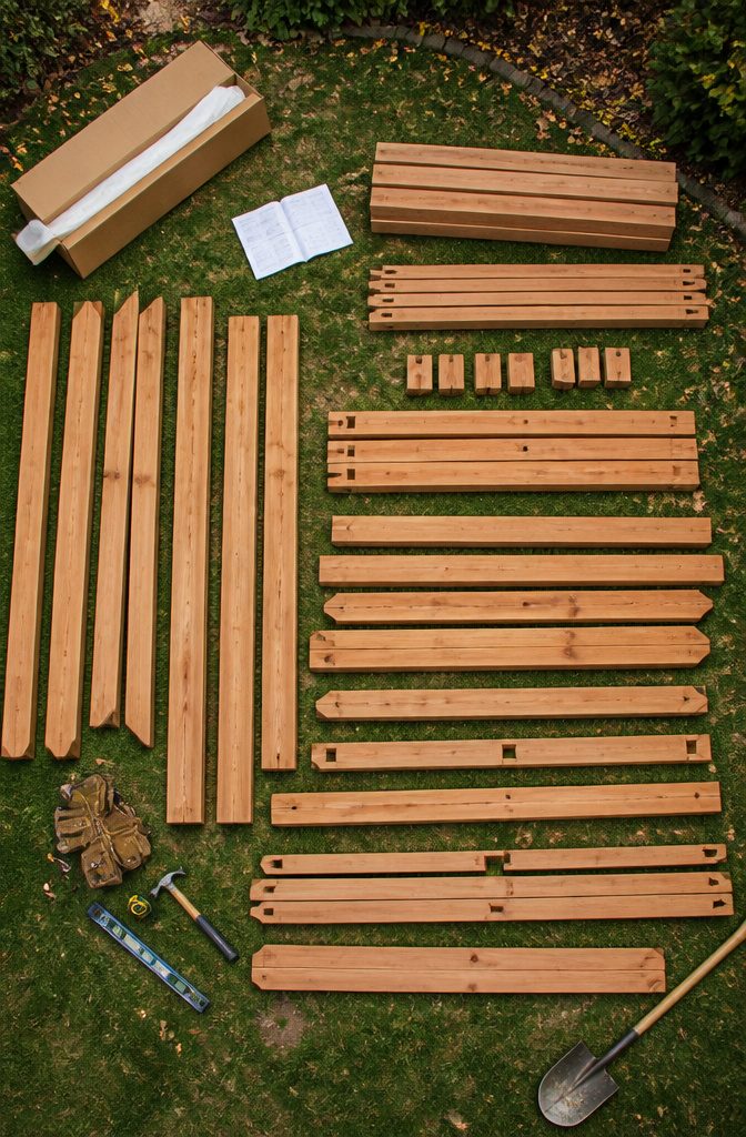A pre-cut pergola kit with labeled beams and assembly instructions.
