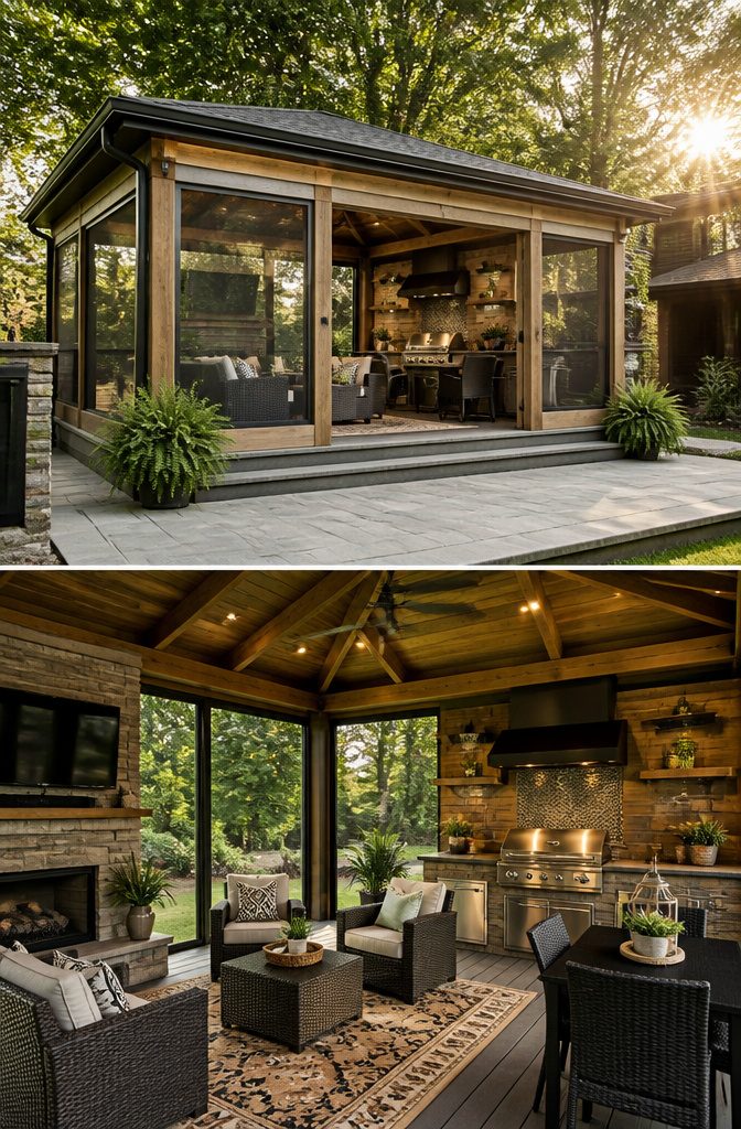 An enclosed pergola featuring retractable screens and clear vinyl panels.