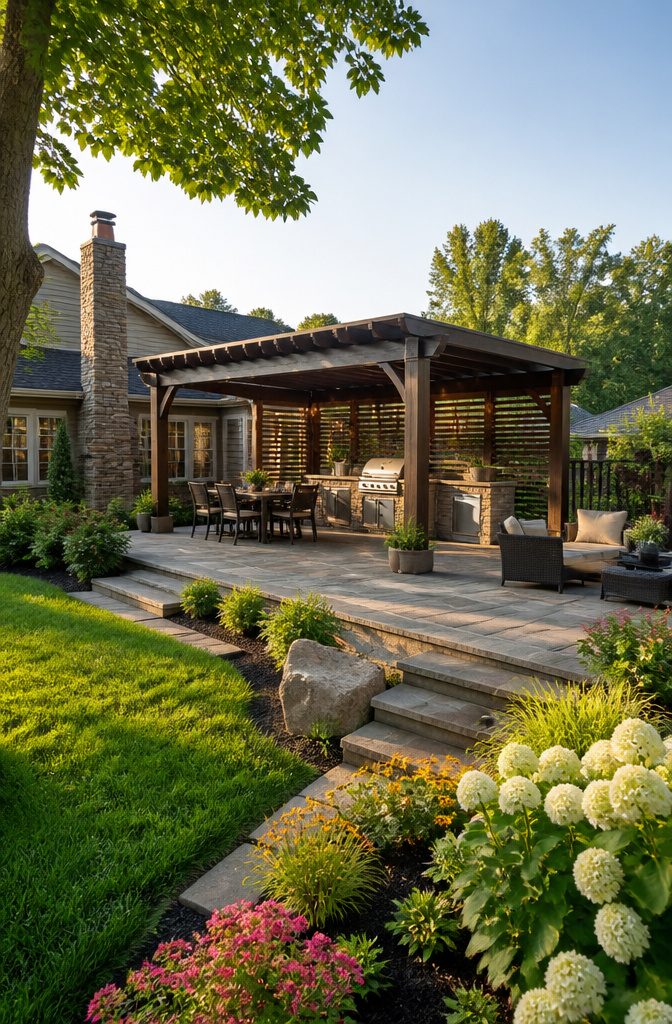 A large pergola covering a grill island and bar seating.