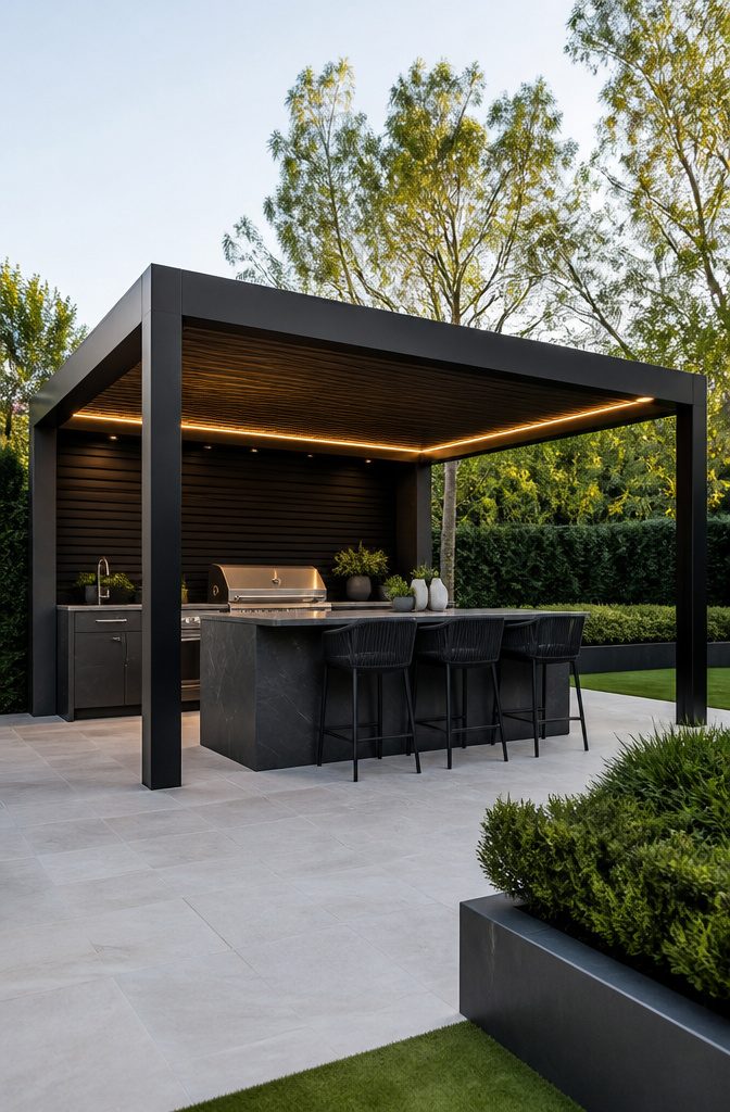 A sleek modern pergola with a flat roof and LED lights.