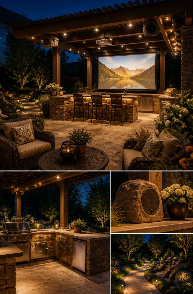 A pergola with lighting, speakers, and a projector screen for entertainment.