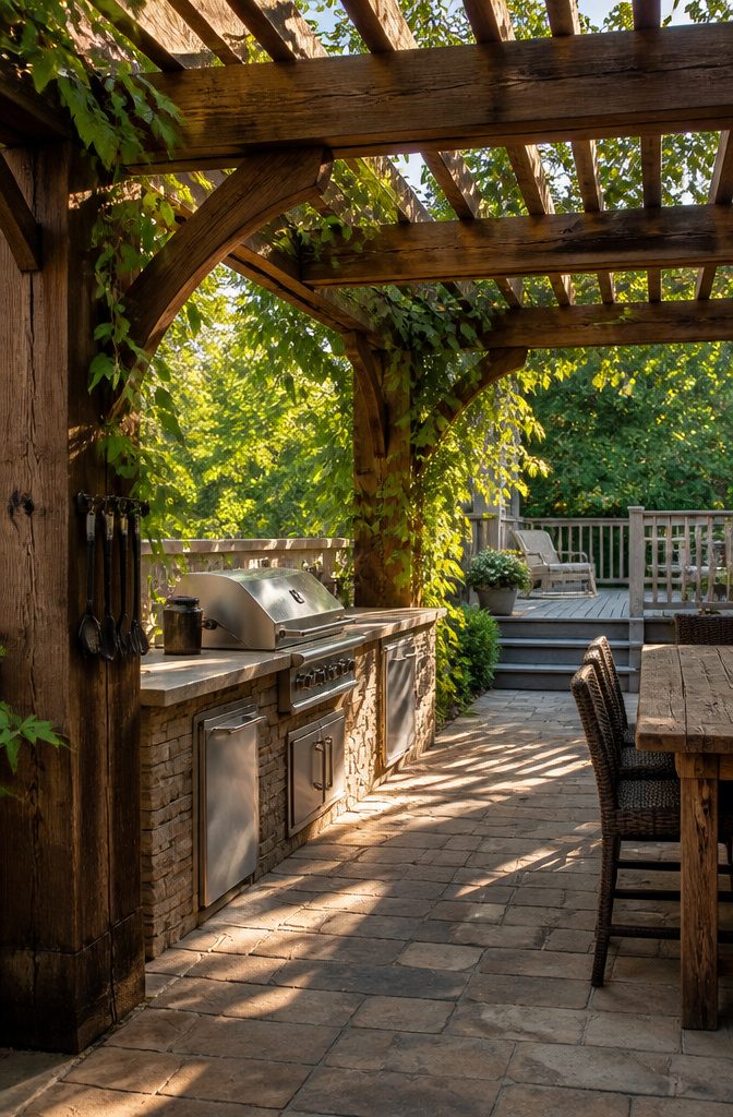 A traditional wooden pergola with curved braces and overgrown vines.
