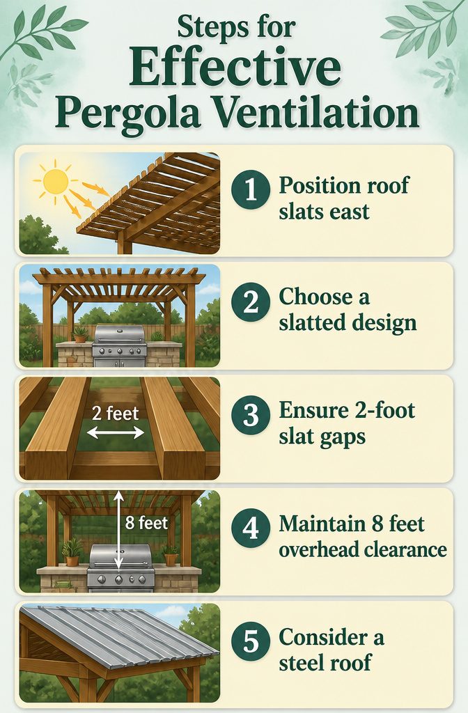 A graphic showing steps for effective ventilation in a pergola.