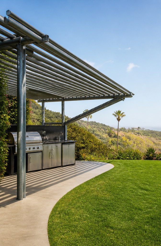A triangular pergola made of galvanized piping in a corner yard.
