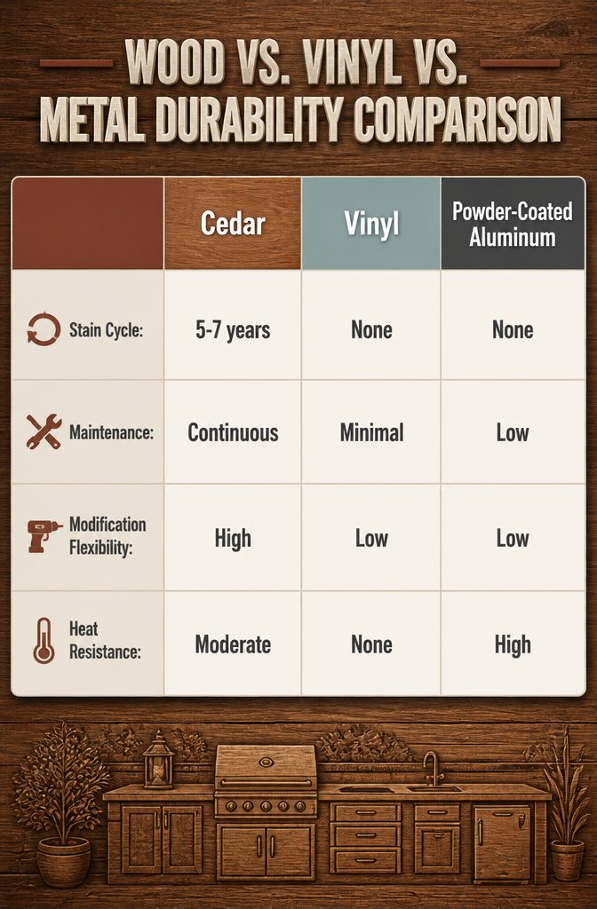 A chart comparing the durability of wood, vinyl, and metal for pergolas.