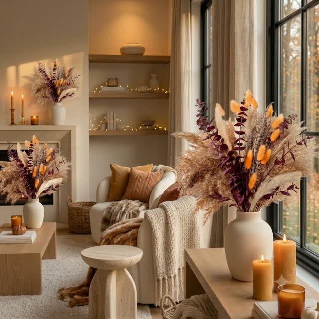Pampas grass and dried flowers in white vases within a cozy, neutral living room.
