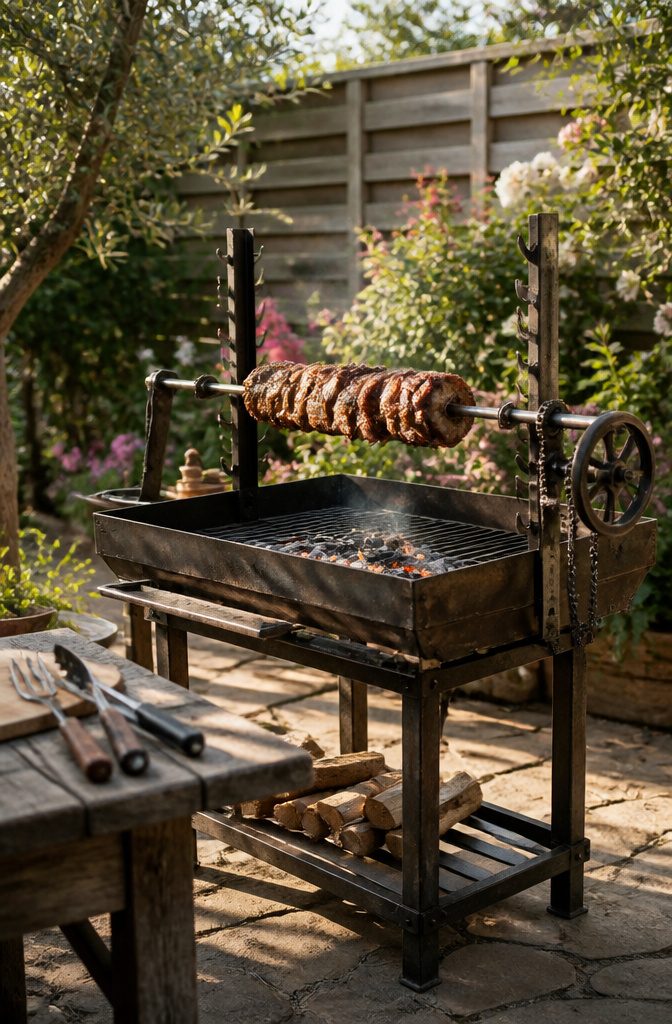 Rustic Outdoor Barbecue Grill Styles and Options for 2026 6 Adjustable rotating grill with a spit for cooking meat outdoors.