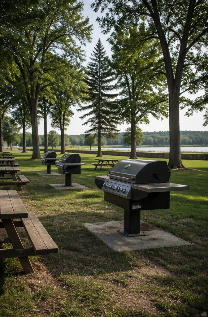 Rustic Outdoor Barbecue Grill Styles and Options for 2026 3 Heavy-duty commercial-grade park grill in a picnic area.