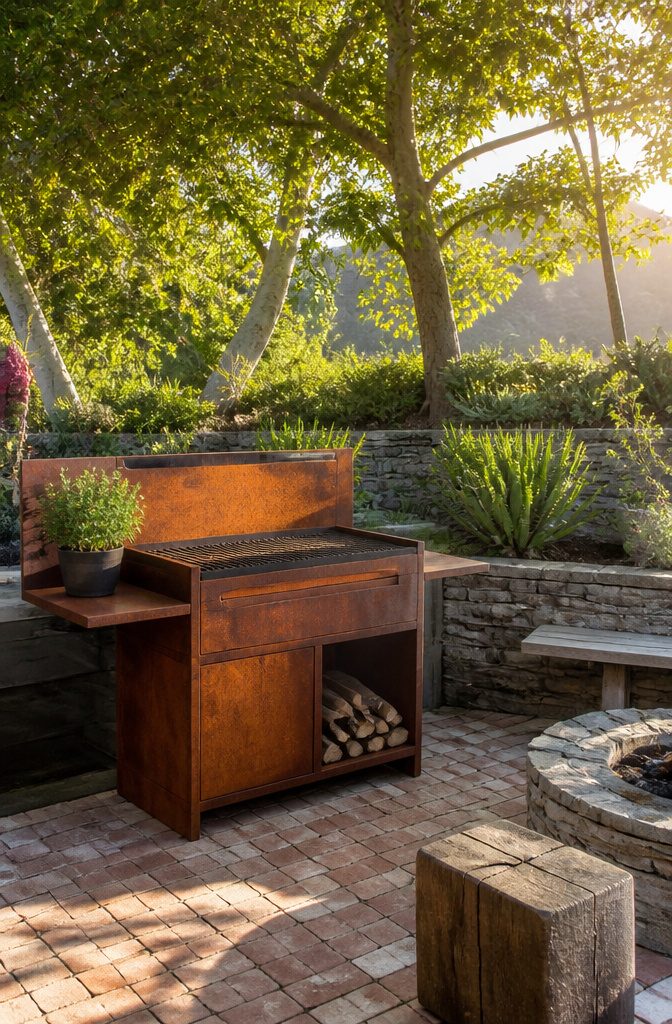 Rustic Outdoor Barbecue Grill Styles and Options for 2026 1 Corten steel outdoor BBQ grill on a cozy patio with trees.