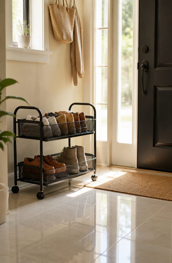 A sleek 2-tier rolling basket displaying shoes in a pastel-colored entryway.