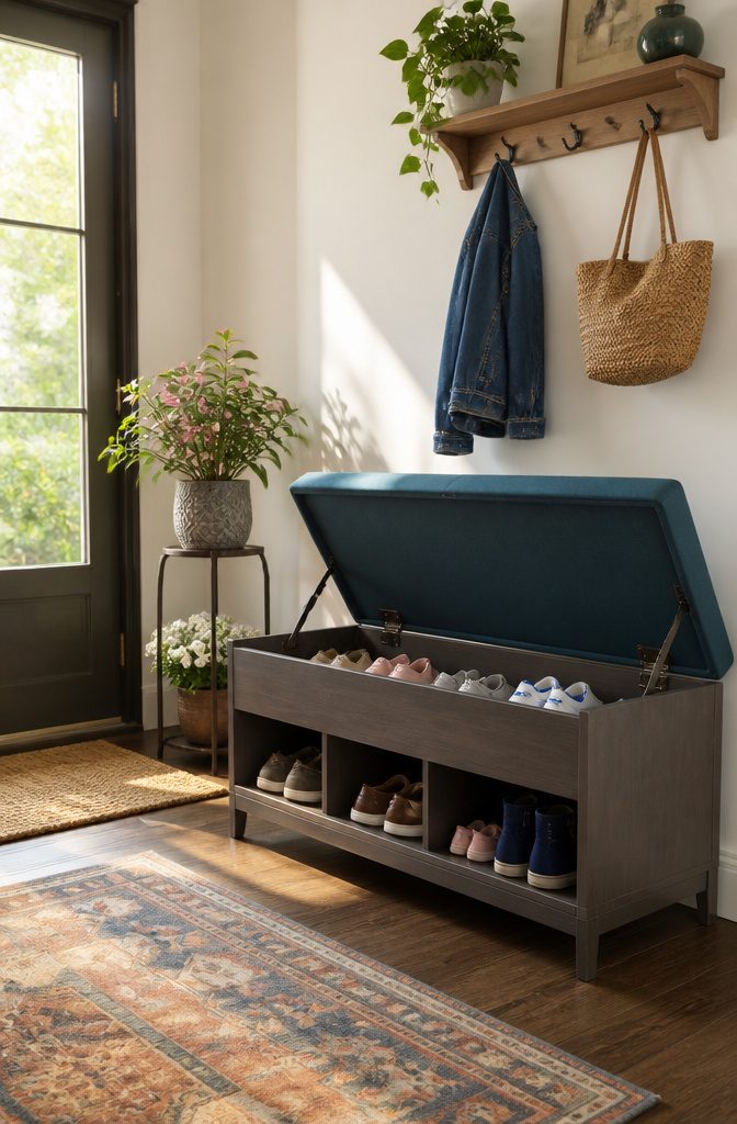 A teal shoe storage bench with an open lid displaying multiple pairs of shoes.