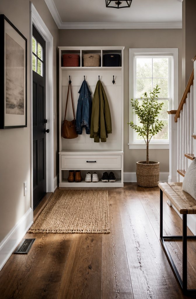 A hall tree with hooks and a drawer for coats and shoes in a narrow space.