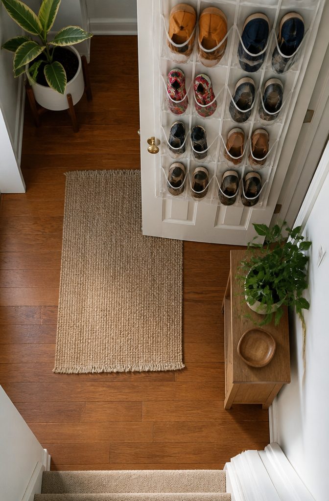 A shoe organizer hanging on a closet door with multiple pockets for shoes.